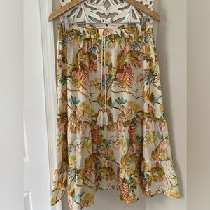 Rose + Olive tiered floral midi tropical ruffle peasant Beachy boho skirt